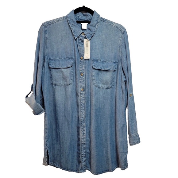 Chico's Tops - Chico’s sz 1 Blue Denim Button-Up Shirt Dress Tunic